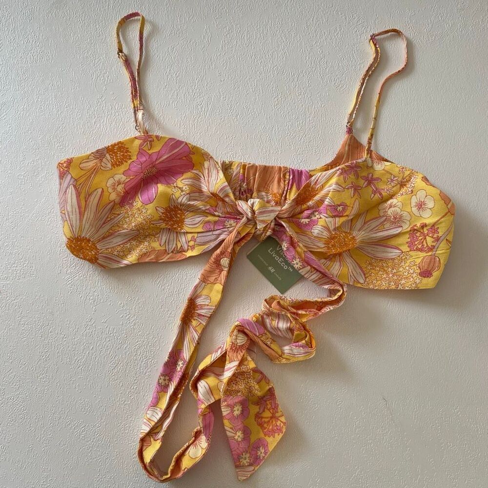 H&M Floral Linen Blend Tie Front Crop Top M Retro Y2K Daisy Print Summer Blouse